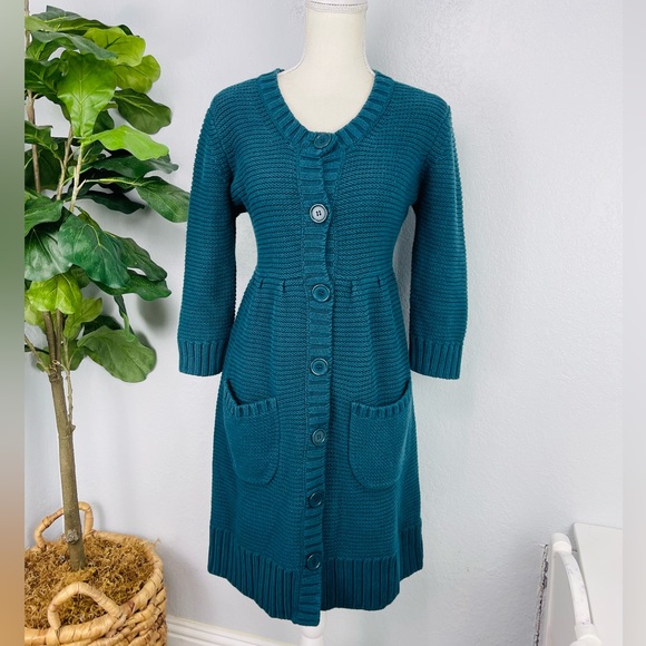 Calvin Klein Jeans Y2K Teal Chunky Knit Baby Doll Midi Cardigan Sweater - Picture 1 of 6